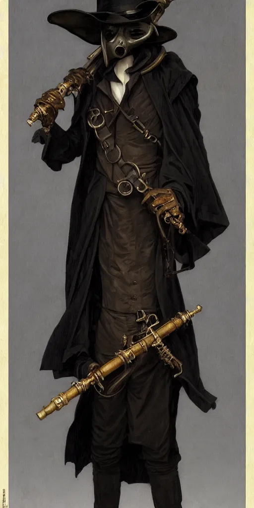 Image similar to portrait of man in black trench coat, wearing a steam punk plague doctor mask and a black top hat, a small wooden flute is held in his right hand. highly detailed, artstation, concept art, by krenz cushart and donato giancola and william adolph bouguereau and alphonse mucha,