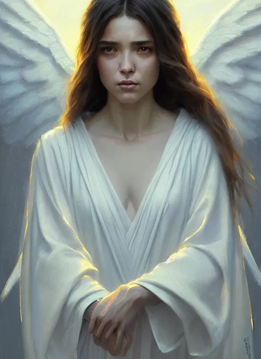 Prompt: portrait of angel in white robes. realistic shaded lighting poster by greg rutkowski, artgerm, jeremy lipkin and michael garmash, rob rey and kentaro miura style, trending on art statio. highly detailed, symmetrical face.