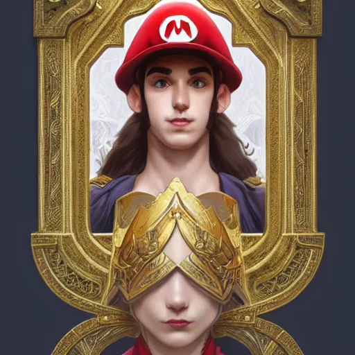 Prompt: symmetry!! portrait of mario from super mario, fantasy, medieval wear, intricate, elegant, highly detailed, digital painting, artstation, concept art, smooth, sharp focus, illustration, art by artgerm and greg rutkowski and alphonse mucha