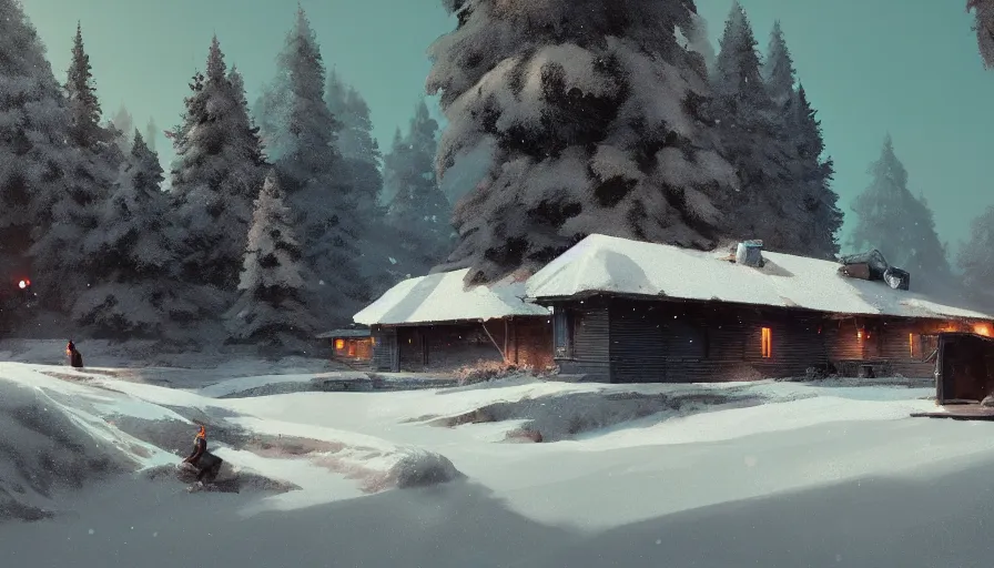 Image similar to highly detailed matte painting of a glistening snowy rural landscape by atey ghailan, by greg rutkowski, by greg tocchini, by james gilliard, by joe fenton, blue, brown, black and light blue color scheme, octane render