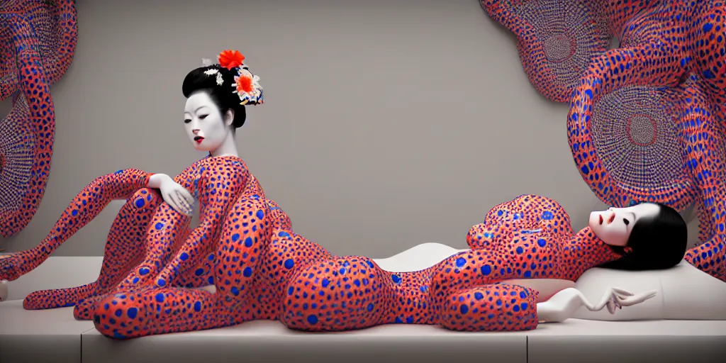 Image similar to hyperrealistic detailed image of a geisha laying in a art installation room, hd smooth interior by yayoi kusama, part by kei mieno, part by ross tran, dark art by james jean, ultra realistic, highly detailed, life like face, detailed body, 8 k, 3 d render by roger magrini, very cohesive, masterpiece