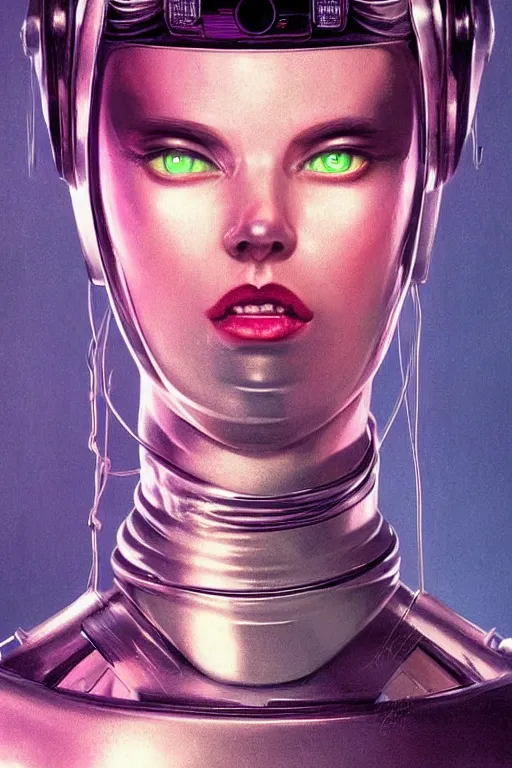 Image similar to retro-futuristic portrait of a beautiful damaged female android in dusty chrome armour with wires hanging, ornate background, light from below, ornate pattern, glowing eyes, evil expression, high details, intricate details, renaissance painting by vincent di fate, artgerm julie bell beeple, 80s, Smooth gradients, High contrast, depth of field, very coherent symmetrical artwork