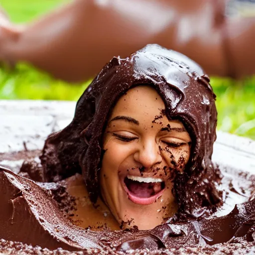 Image similar to person sliding through chocolate pudding head first, slip n slide, professional photo, funny