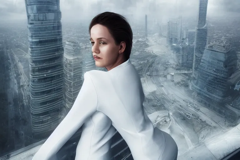 Prompt: a realistic cinematic headshot portrait of a beautiful middle aged woman, wearing futuristic white suit on the top of a skyscraper, 4 k, ultra realistic, dramatic lighting, rain, clouds, fog, vogue, fashion, magazine spread, by jessica rossier