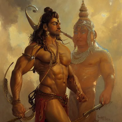 Prompt: muscular oiled sweat god shiva, highly detailed painting by gaston bussiere, craig mullins, j. c. leyendecker 8 k