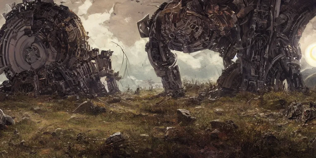 Prompt: 88grzes a hole in ruined broken steel titan colossus laying on his knees field road to star gateway wheel, skulls and skeletons, abandoned weapons, saturn and supermoon in the sky, fine art, artstation, matte painting, masterpiece by vasnetsov