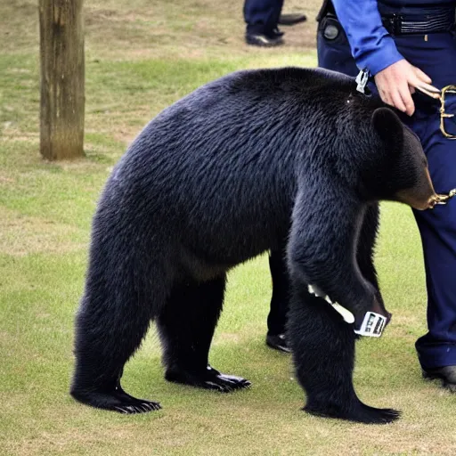 Prompt: a suffering bear being handcuffed