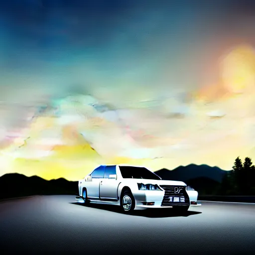 Image similar to a car Lexus LS400 VIP in middle of road, gunma prefecture, city sunset night, cinematic color, photorealistic, highly detailed