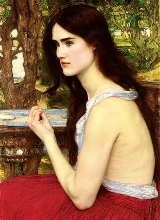 Image similar to a beautiful painting of jennifer connelly by John Everett Millais and Dante Gabriel Rossetti and John Collier and john william waterhouse, pre-raphaelite, detailed, hd