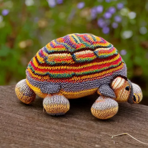 Image similar to a closeup photorealistic smiling knitted tortoise.