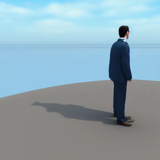 Image similar to sad businessman on empty island, beautiful sky, rendered in bryce3d, bryce, 3d