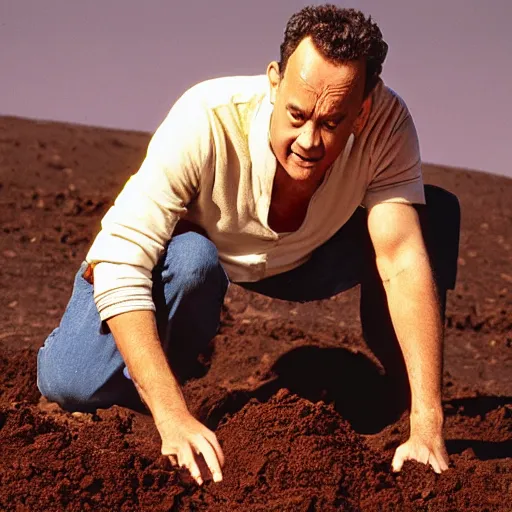 Prompt: Tom Hanks eating a pile of dirt on all fours in his boxers