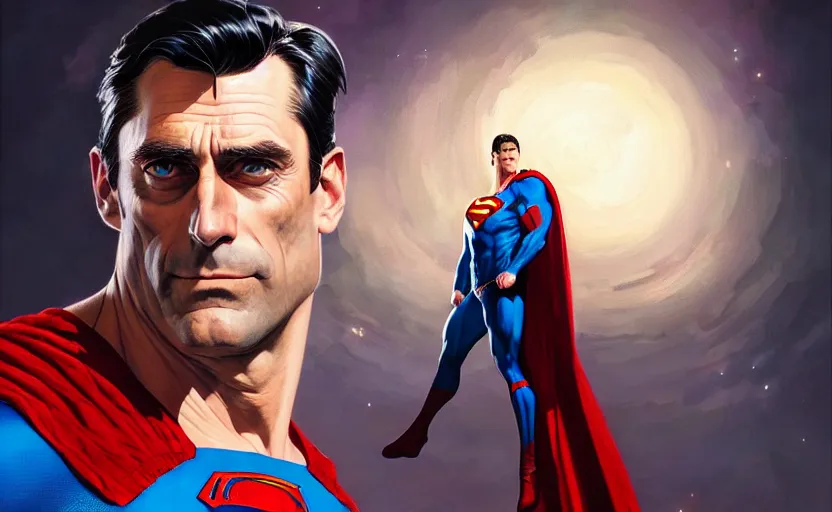 Image similar to highly detailed portrait of john hamm as superman, in dc comics, stephen bliss, unreal engine, fantasy art by greg rutkowski, loish, rhads, ferdinand knab, makoto shinkai and lois van baarle, ilya kuvshinov, rossdraws, tom bagshaw, global illumination, radiant light, detailed and intricate environment