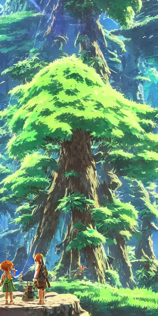 Image similar to epic cannabis tree forest, link and zelda high af smoking blunt, vivid tones, wide angle, by miyazaki, nausicaa, studio ghibli, breath of the wild