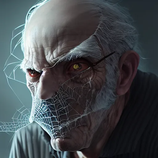 Image similar to an old man with thick cobwebs covering his face, cobwebs, spooky, atmosphere, detailed, realistic, unreal engine, cgsociety, by wlop and artgerm