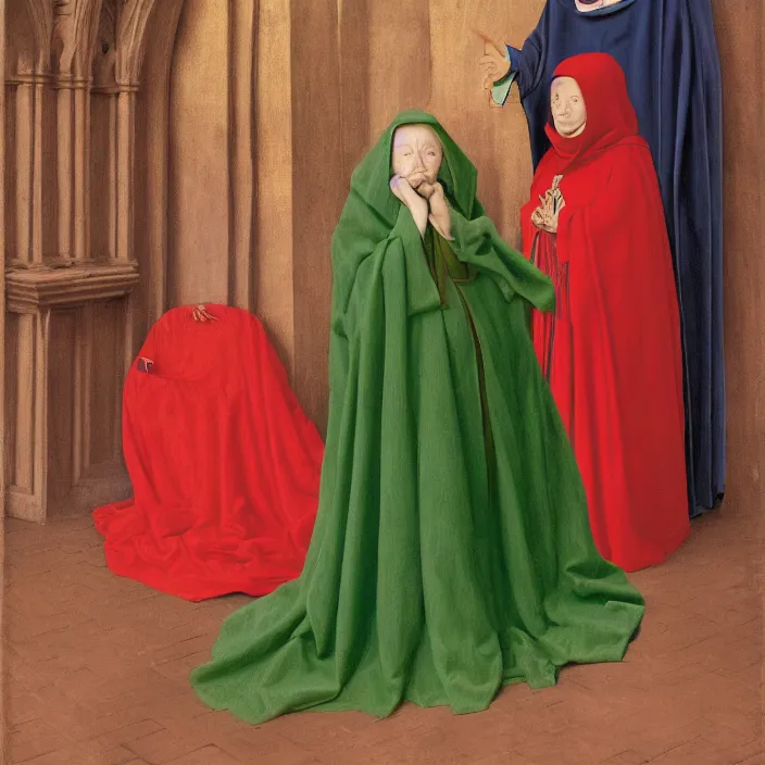 Prompt: a woman in a hooded cloak, at disney world, by jan van eyck, canon eos c 3 0 0, ƒ 1. 8, 3 5 mm, 8 k, medium - format print