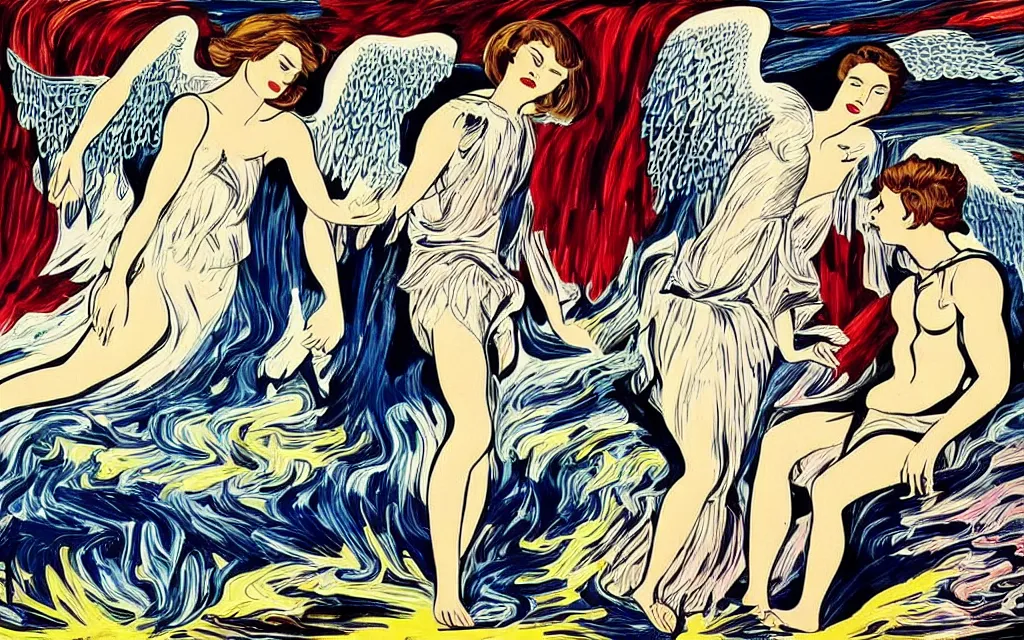 Image similar to vision of angels with a broken heart, trying to mend it with light by roy lichtenstein and marek okon, style of sumerian romantisism