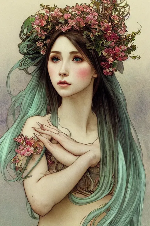 Image similar to beautiful female elf royalty, digital art, 8k, character, realistic, portrait, photorealism, japan watercolour, masterpiece art, alphonse mucha