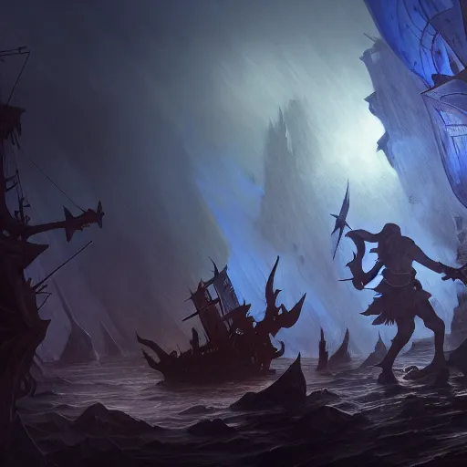 Image similar to D&D fantasy combat fighting blue specters on a shipwreck, intricate, elegant, highly detailed, D&D, digital painting, artstation, concept art, matte painting, sharp focus, illustration, extremely moody lighting, glowing light and shadow, atmospheric, shadowy, cinematic, in the style of Greg Rutkowski and artemisia gentileschi and Alphonse Mucha