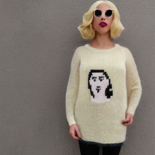 Image similar to a hand knit wool sweater with a lady gaga face pattern