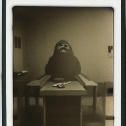 Prompt: a portrait of the old god inside an interrogation room, polaroid