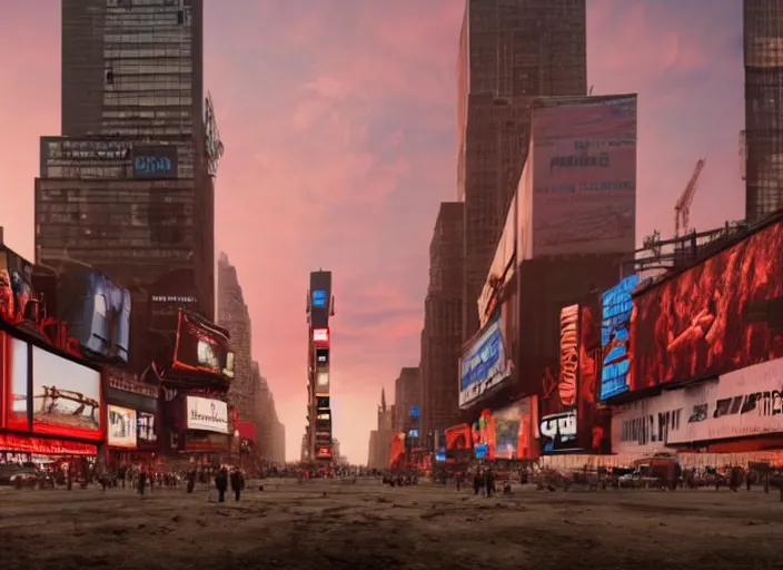 Image similar to film still of post apocalyptic empty time square at sunset, overgrown with wildlife walking through in the new sci - fi movie, 8 k