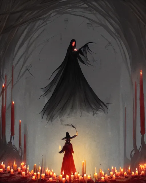 Image similar to a mystical witch in a black shawl, surrounded by lit red candles floating in the air, in an underground dungeon. by abigail larson, realistic, unreal engine, matte painting, 4 k wallpaper