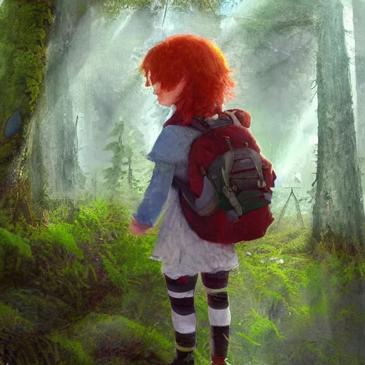 Image similar to detailed painterly portrait of a red - haired explorer girl kid with a backpack and a map, in the deep tangled, mossy, misty forest, lit by sunbeams, by loish, unreal 5