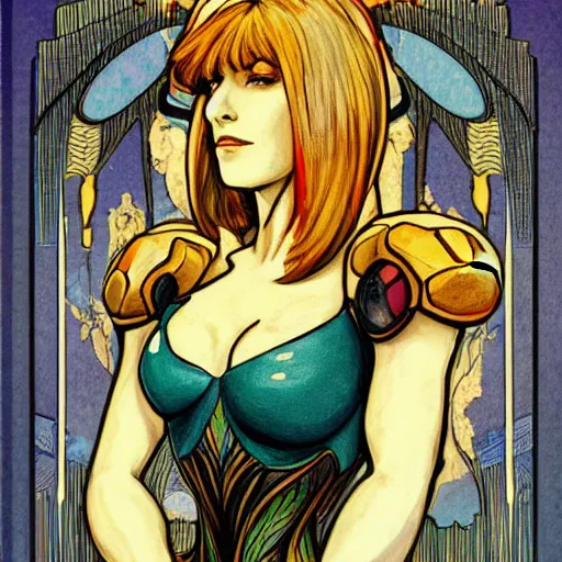 Prompt: an art nouveau portrait of Samus Aran from Metroid