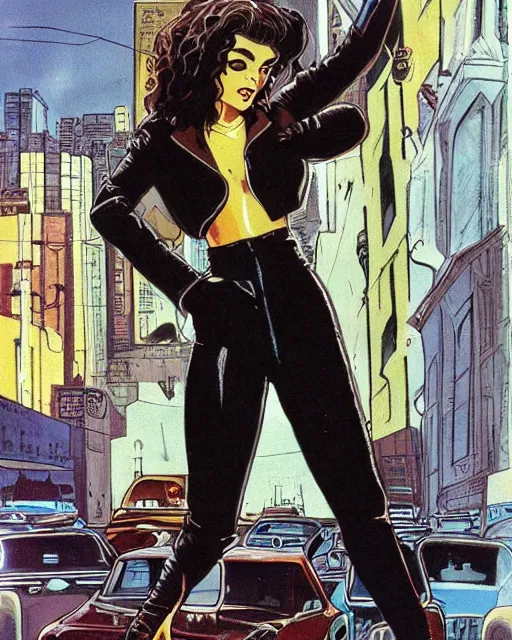 Image similar to young female protagonist in leather jacket, city street, artwork by ralph bakshi