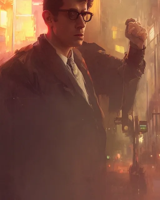 Image similar to egon spengler, hyperrealistic portrait, bladerunner street, art of elysium by jeremy mann and alphonse mucha, fantasy art, photo realistic, dynamic lighting, artstation, poster, volumetric lighting, very detailed face, 4 k, award winning