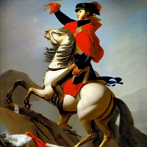 Image similar to Napoleon on a giant eagle painted by Jacques-Louis David