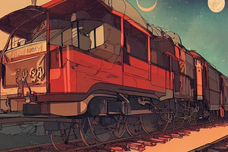 Prompt: a moonlit steam locomotive, digital art, trending on artstation, by conrad roset, octane rende