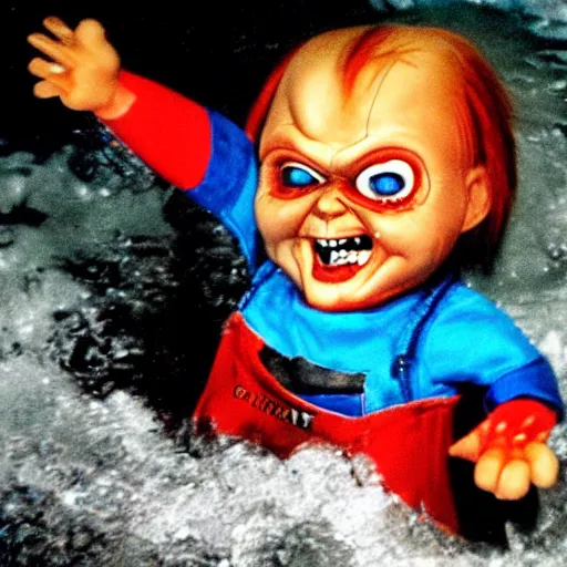 Prompt: screaming chucky doll rising from the dark depths of ocean