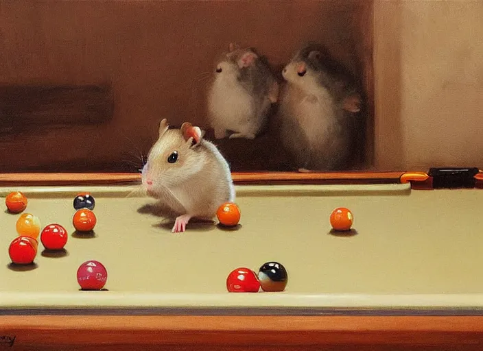 Image similar to a highly detailed beautiful portrait of a hamster playing pool, by gregory manchess, james gurney, james jean