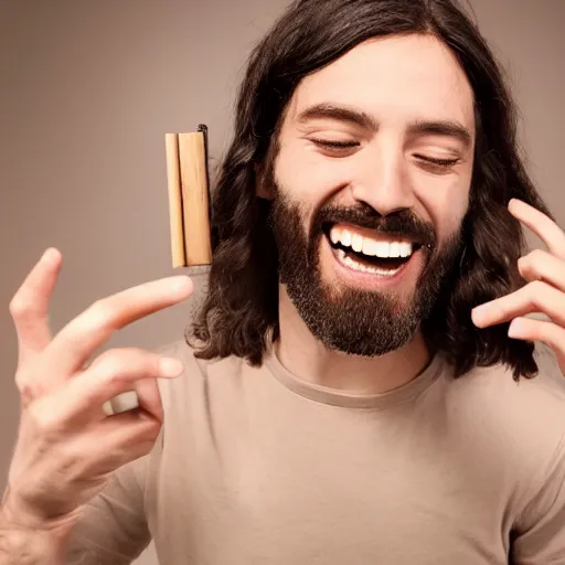 Image similar to Jesus smoking weed and laughing, profile picture, studio photography