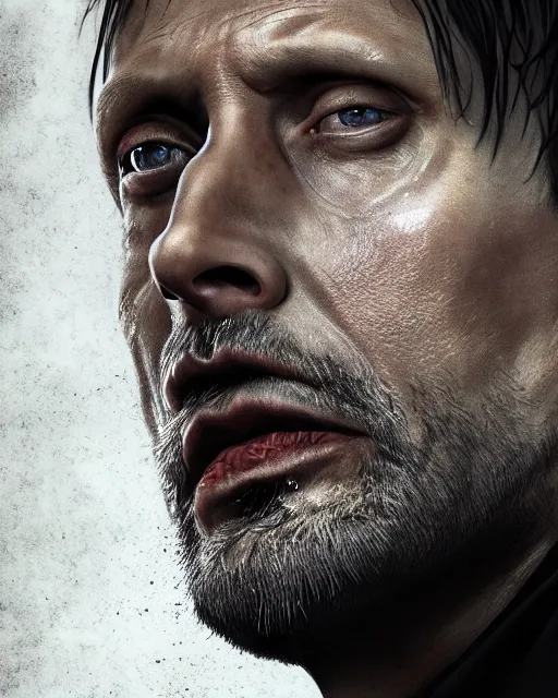 Image similar to mads mikkelson as clifford unger from death stranding, tears of tar, mysterious portrait, cinematic lighting, black background, digital painting photoshop, ultra detailed hdr 8 k