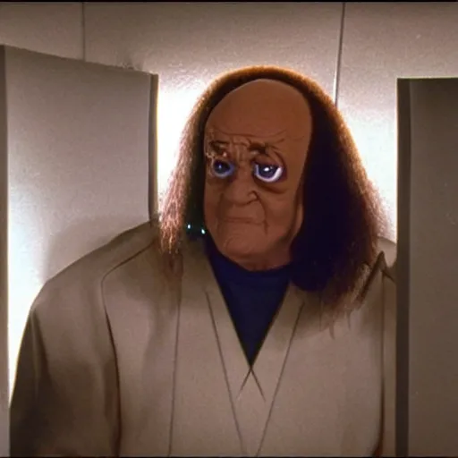 Prompt: Movie still of a dingy restroom with Gowron the Klingon staring at a small hole bored in the stall wall. Gowron has Klingon features, a klingon nose, a klingon forehead, and klingon teeth