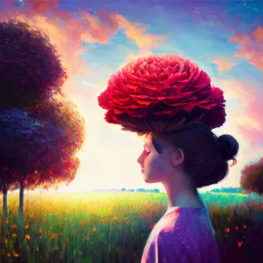 Image similar to girl with a giant carnation head, surreal photography, flower field, sunset dramatic light, impressionist painting, colorful clouds, blue sky, digital painting, artstation, simon stalenhag