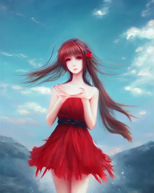 Image similar to the goddess of summer, bust head, red gauze skirt, dreamy, beautiful, by wlop