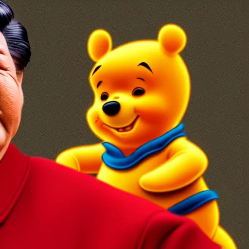 Prompt: film still photo portrait of xi jinping cosplaying as winnie the pooh, realistic, hyperrealistic, 8 k resolution, hd quality, very detailed, highly detailed, intricate details, real life, real world, trending on artstation, digital art, really realistic, very realistic, headshot, head in frame, photograph, portrait