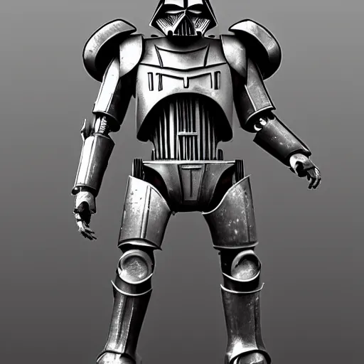 Image similar to huge power armor with servos from fallout in the style of Darth Vader from star wars in full body, realism, depth of field, focus on darth vader,