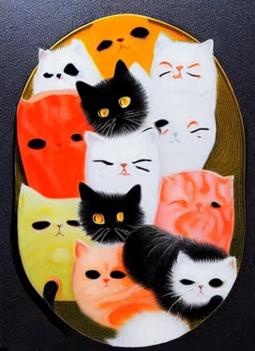 Image similar to clear surrealist painting of adorable cats made out of sushi