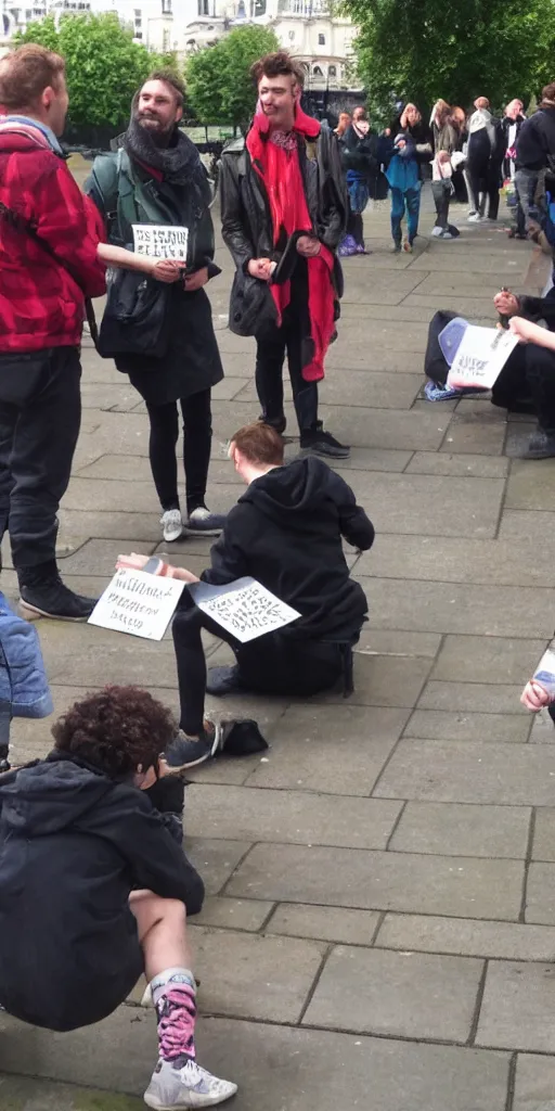 Prompt: Street poets in London by the river Thames