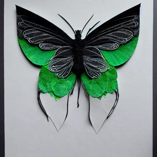 Image similar to black paper luna moth, cut paper, many layers and intricate details