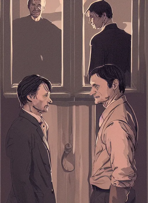 Prompt: portrait of Mads Mikkelsen and Hugh Dancy holding hands romantically as they chaperone school dance, from scene from Twin Peaks by Michael Whelan, Bob Larkin and Tomer Hanuka, simple illustration, domestic, nostalgic, clean, full of details, by Makoto Shinkai and thomas kinkade, Matte painting, trending on artstation and unreal engine, New Yorker magazine cover, 1980s romance book cover, 1990s horror book cover