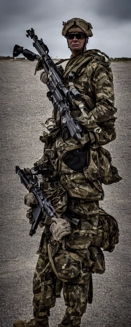 Image similar to modern weaponized soldier, photography, 8k