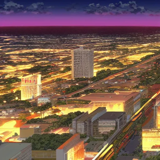 Prompt: modern anime still of an overview from the air of a small coastal Florida town at night, downtown in the distance, key anime visuals