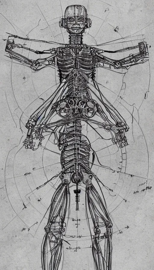 Prompt: full body of steampunk robot anatomy sketch by Leonardo da Vinci, the vitruvian man style, pencil drawing, old sketch, iphone wallpaper