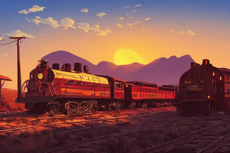 Image similar to idyllic old western train station illustration by syd mead, artstation, 4 k, graphic novel, concept art, matte painting, steam engine, beautiful mountain desert sunset background, golden hour